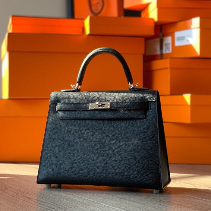 Hermes Kelly 25 Epsom leather palm print handmade custom version black